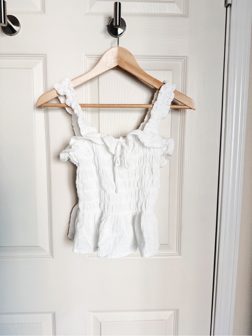 Smocked Ruffle Strap White Women's Top